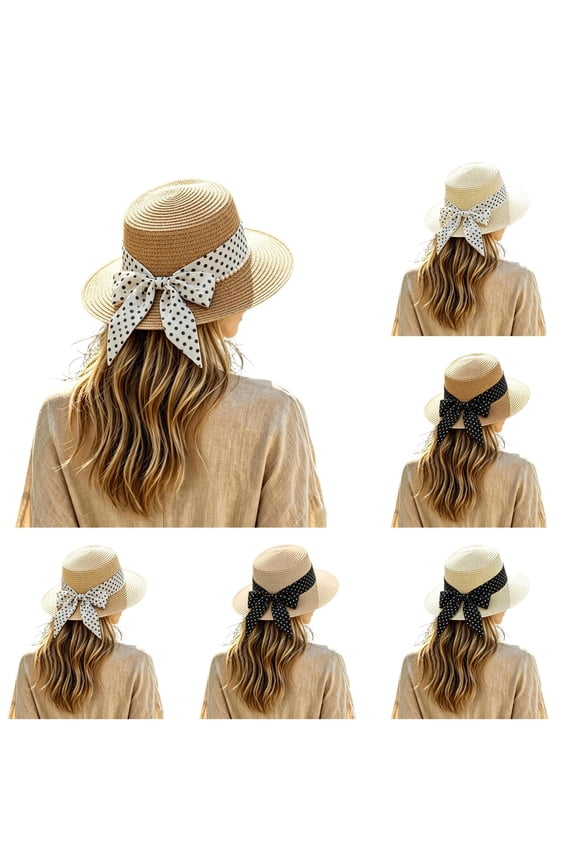 Sun Hats for Women, Fashion Back Bowknot Wide Brim Retro Flat Top Panama Boater Straw Hats Vacation Beach Hat Packable, One Size, Khaki