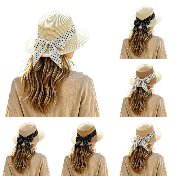 SGMVNU Sun Hats for Women, Fashion Back Bowknot Wide Brim Retro Flat Top Panama Boater Straw Hats Vacation Beach Hat Packable, One Size, White