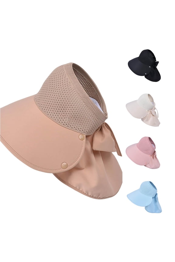 Sun Visor Hats for Women, Wide Brim Ponytail Straw Beach Hat with Neck Flap, Packable Foldable UPF Floppy Travel Hats, One Size, Khaki