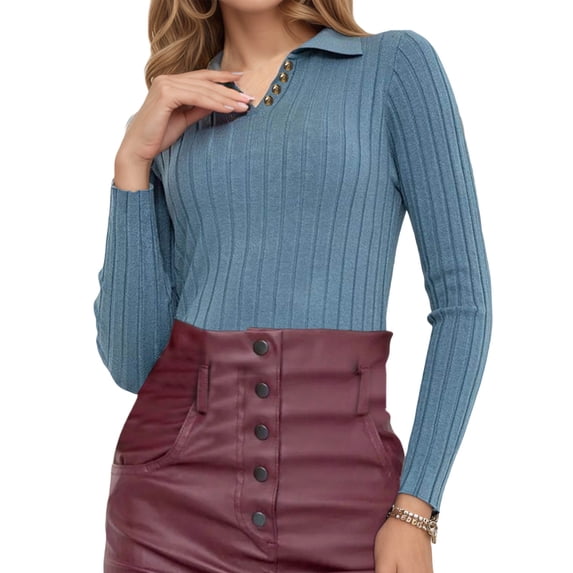 SGMVNU Women's Lapel V Neck Ribbed Knit Sweaters Soft Basic Sweater Long Sleeve Button Pullover Top Lightweight 2025 Fall Tops Blue M
