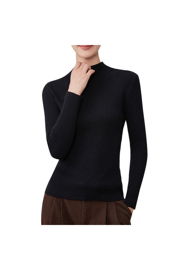 Sweaters for Women Turtleneck Ribbed Knit Basic Tops Sweater 2025 Fall Fitted Long Sleeve Pullover Sweater Black M