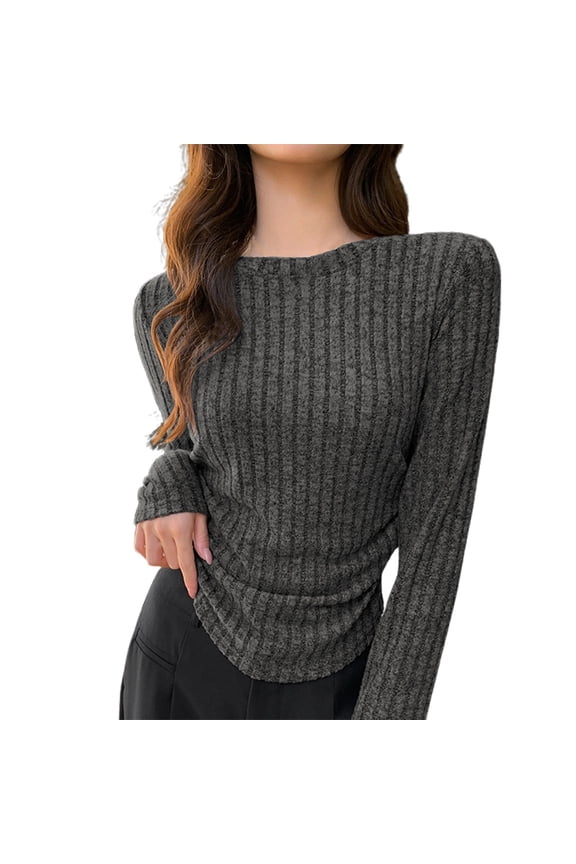 Sweaters for Womens Slim Fit Crewneck Long Sleeve Shirts Fall Fashion Base Layer Pullover Ribbed Thermal Underwear Tops(Dark Gray, L)