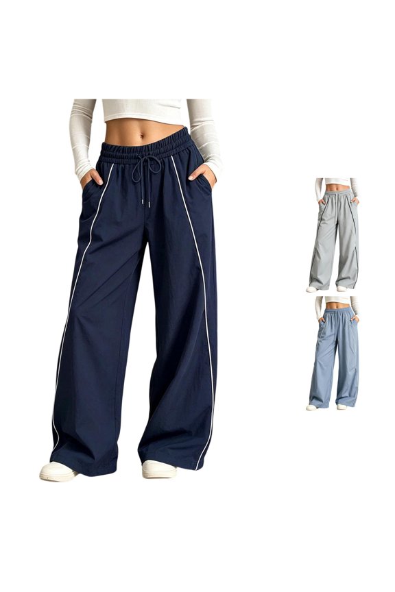 Sweatpants for Women with Drawstring Elastic Waist and Pockets, Casual Loose Wide Leg Trousers Parachute Pants, Navy, Size S