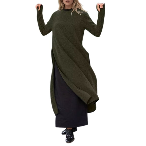 SGMVNU Sweatshirt Dress for Women Neck Pullover Long Sleeve Slit Maxi Dress Casual Plus Size Fall Sweatshirt Dresses(Army Green,4XL)