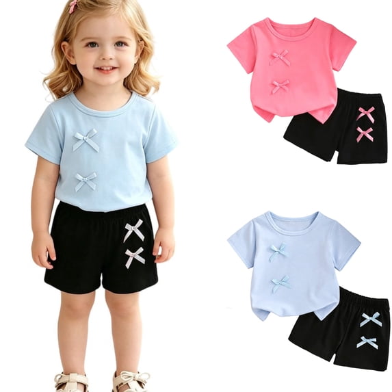 SGMVNU Toddler Baby Girls Clothes Set, Short Sleeve Bowknot Top and Bows Shorts 2Pcs Spring Summer Outfit, Size 9-12 Months, qp1-Light Blue