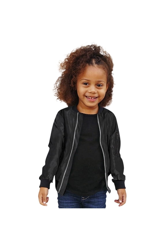 Toddler Boys Girls Bomber Jacket, Casual Coat Zip up Outerwear with Pockets, Long Sleeve Full Zipper Fall Outerwear for Kids, Black, 12-18 Months