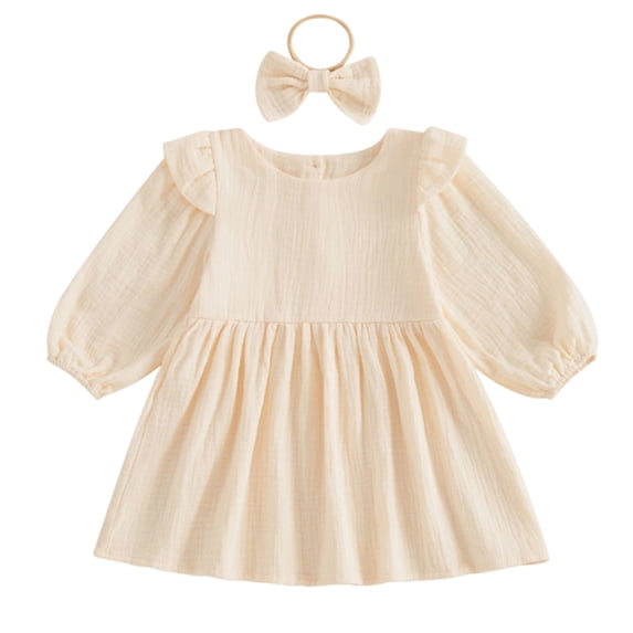 SGMVNU Toddler Girls 2 Piece Dress Set with Bowknot Hairband Girls Floral Dress Size 7 Long Sleeve Dress Spring Summer Clothes(Size 12-24 Months,Beige)