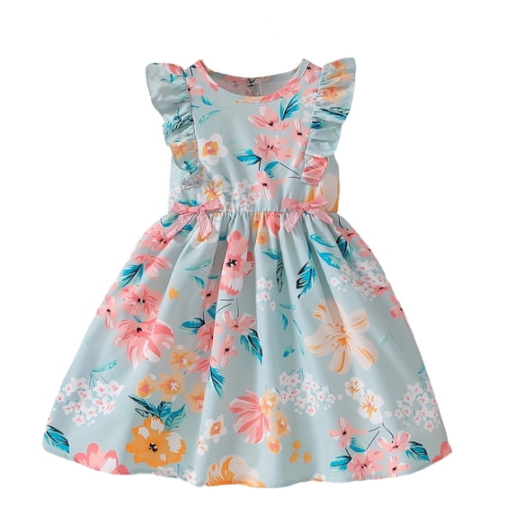 SGMVNU Toddler Girls Dresses Ruffle Flutter Sleeve A-line Dress Dress Size 6 Bowknot Party Princess Summer Sundresses(Size 12-24 Months,2-Light Blue)