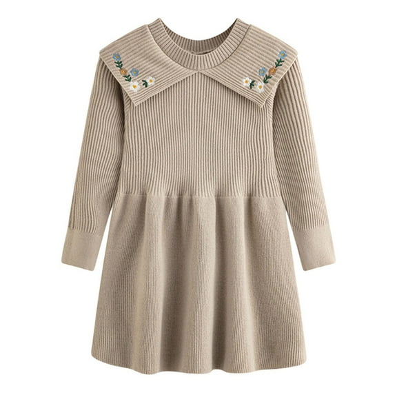 SGMVNU Toddler Girls Sweaters for Fall and Winter - Embroidered Floral Lapel Collar Long Sleeve Knitted Sweater Dress, Party Gown for Toddler Kids Girls(Size 5-6 Years,Beige)
