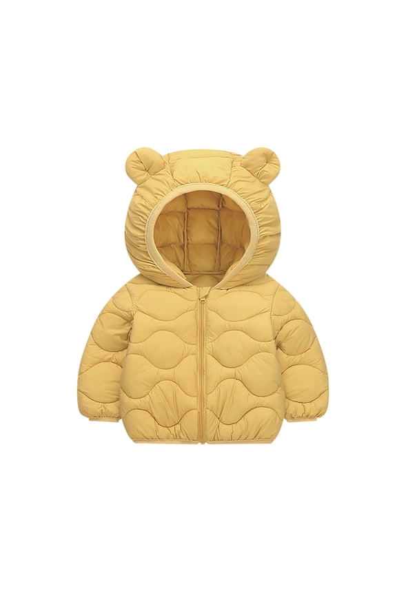 Toddler Winter Coats Puffer Padded Jacket, Boys Girls Bear Ear Hoods Zipper Down Jacket, Light Weight Outerwear, Winter Coats for Baby Kids, Yellow, 18-24 Months