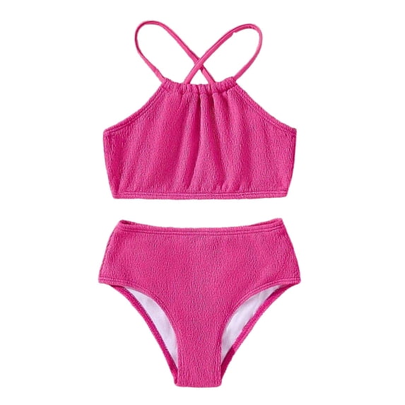 SGMVNU Two Piece Bikini Set for Girls, Crop Bikinis Swim Top with Bathing Bottoms, Kids Swimsuits Summer Beach Pool Swimwear, Size 4-5 Years, Hot Pink 2