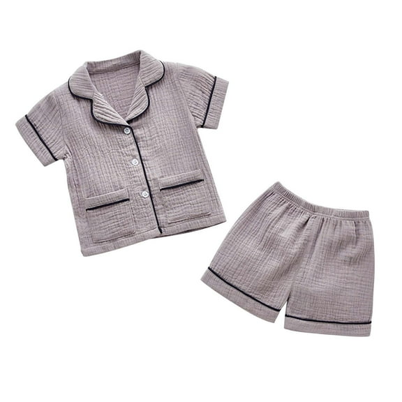 SGMVNU Unisex Kids Button Down Pajama Sets Short Sleeve & Shorts Solid Color Teens Outfit with Pockets Lounge Sets(Size 6-12 Months,Grey)