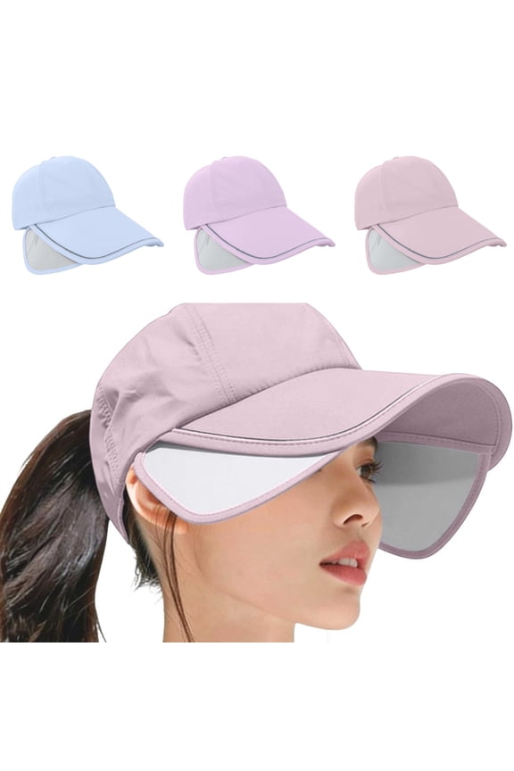 Wide Brim Visor Hat for Women with Retractable Brim, Ponytail Visor Cap Sunshade Hat, for Summer Running Hiking, One Size, Pink