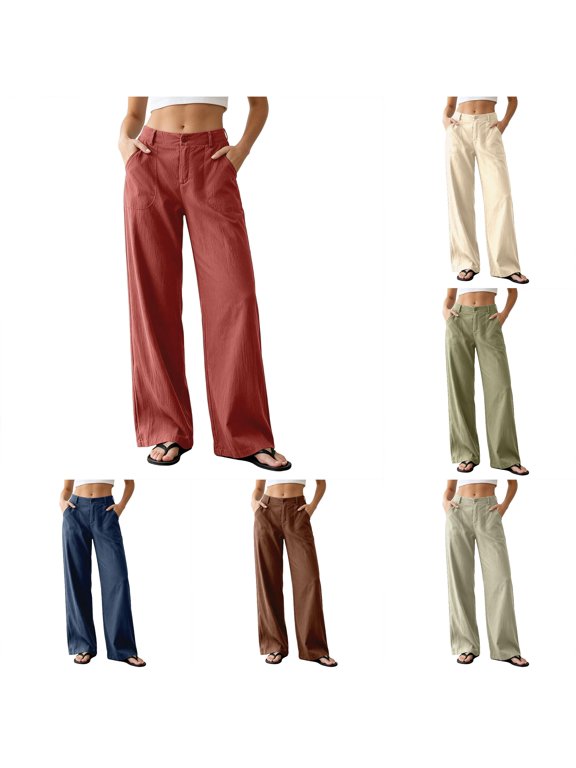 Wide Leg Pants for Women Cotton Linen Casual Flowy Palazzo Pants High Waisted Button Down Dressy Pants with Pockets, Red, Size M