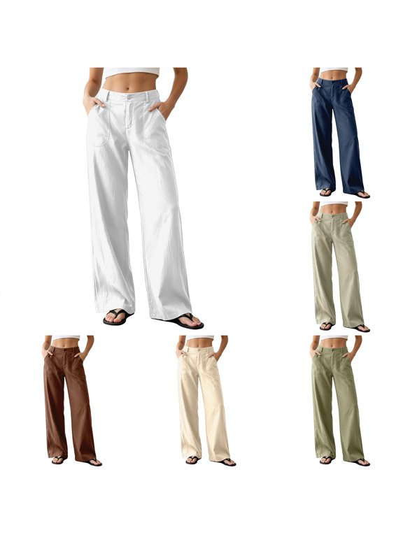 Wide Leg Pants for Women Cotton Linen Casual Flowy Palazzo Pants High Waisted Button Down Dressy Pants with Pockets, White, Size XL