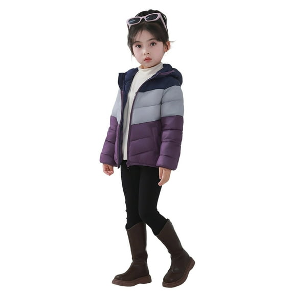 SGMVNU Winter Coats for Boys Girls Color Block Puffer Jacket Kids Hooded Zipper Down Coat Warm Coats Outerwear for School and Outdoor Activities(Size 7-8 Years, Purple)