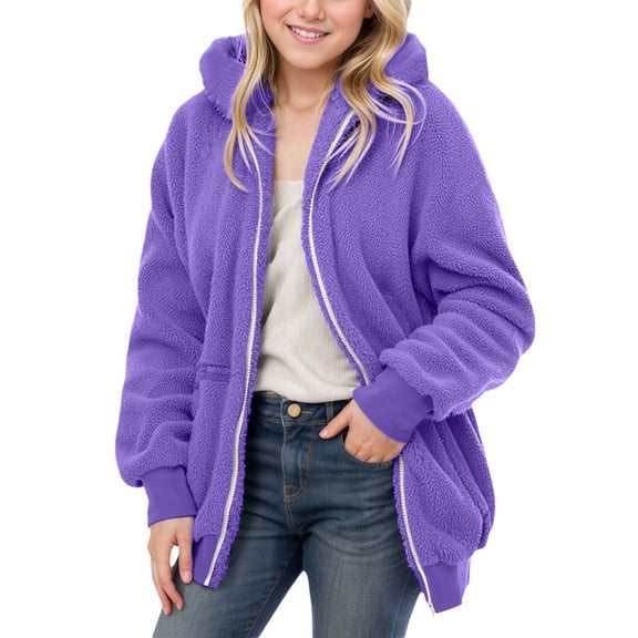 SGMVNU Winter Warm Outwear Jackets For Boys Girls Girl's Color Block Sweatshirt Jackets Zipper Hoodie Warm Coat Winter Top Blouse Casual Loose(Size 15-16 Years, Purple)