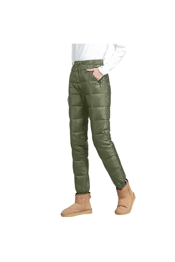 Winter Warm Snow Pants for Women Loose Utility Down Pants Drawstring Elastic High Waisted Joggers Snow Trousers(Green, XXL)
