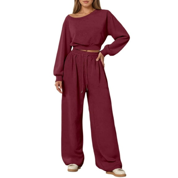 SGMVNU Women 2 Piece Tracksuit Sets Crewneck Long Sleeve Cropped Sweatshirt Pullover and Wide Leg Sweatpant Fall Outfits Cozy Sweatsuit Size L Red#2