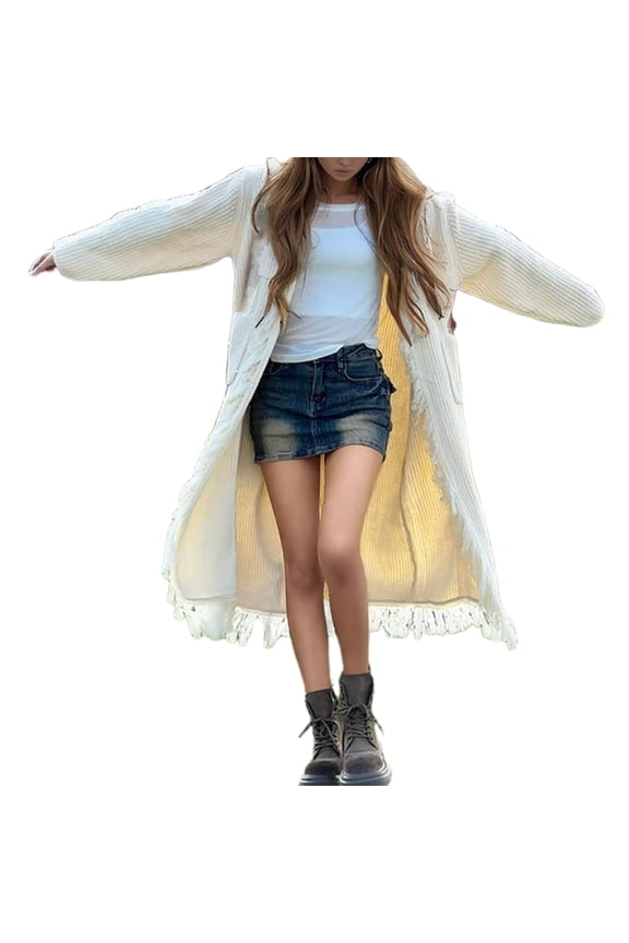 Women Cardigan Sweater Casual Solid Twist Crochet V Neck Loose Long Sleeve Coat Stylish Knit Top, Knit Jackets Outwear White Size One Size