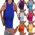thumbnail image 1 of SGMVNU Women Casual Solid Color Basic Sleeveless High Neck Rib-Knit Y2k Crop Tank Top Size: L Blue, 1 of 5
