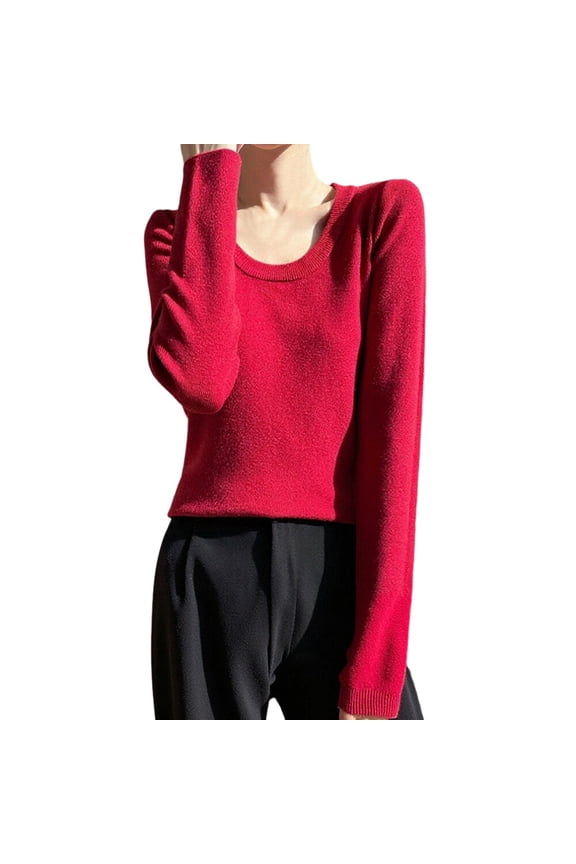 Women Fall Clothes Solid Slim Fit Knit Pullover Sweater Long Sleeve Turtleneck Top Lined Casual Winter Warm Comfy Soft Knit Pullovers Red L