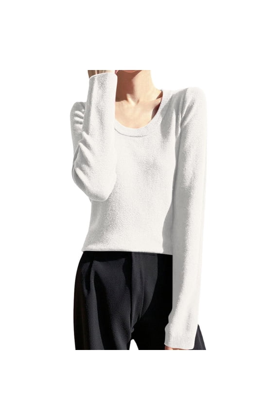 Women Fall Clothes Solid Slim Fit Knit Pullover Sweater Long Sleeve Turtleneck Top Lined Casual Winter Warm Comfy Soft Knit Pullovers White M