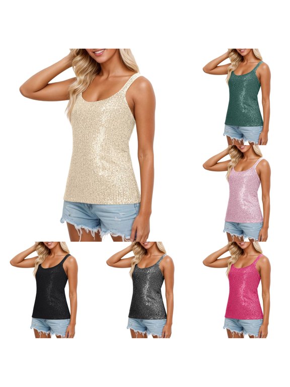 Women Fashion Sequin Cami Tank Top, Sleeveless Thin Spaghetti Straps Shiny Glitter Blouse, Loose Fit Party Club Evening Dressy Shirts Beige XL