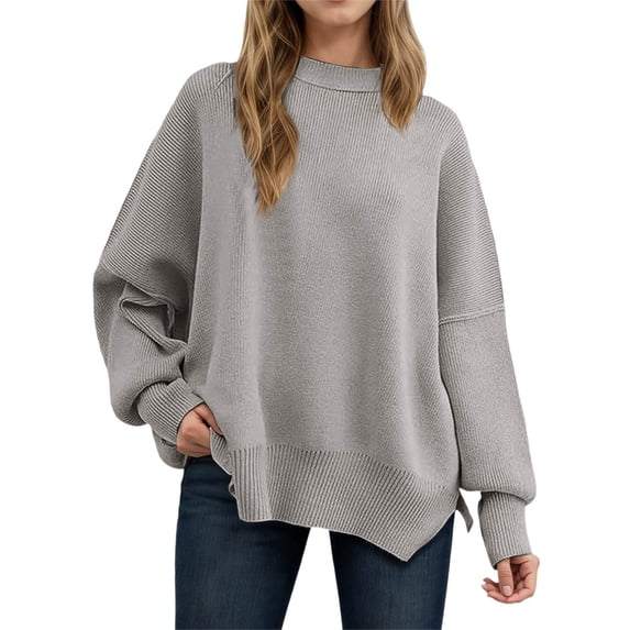 SGMVNU Women Sweaters Oversized Knit Sweater Casual Long Sleeve Pullover Tunic Top Soft Comfortable Winter Fall Fashion Loose Fit Crewneck Split Hem Knit Outwear Light Gray M