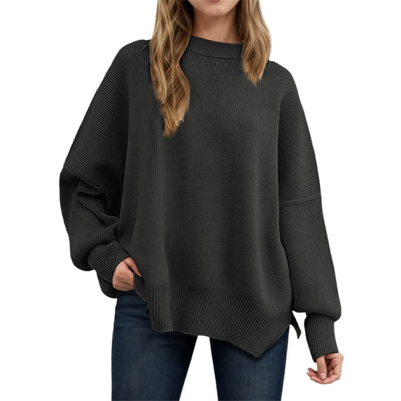 SGMVNU Women Sweaters Oversized Knit Sweater Casual Long Sleeve Pullover Tunic Top Soft Comfortable Winter Fall Fashion Loose Fit Crewneck Split Hem Knit Outwear Dark Gray M