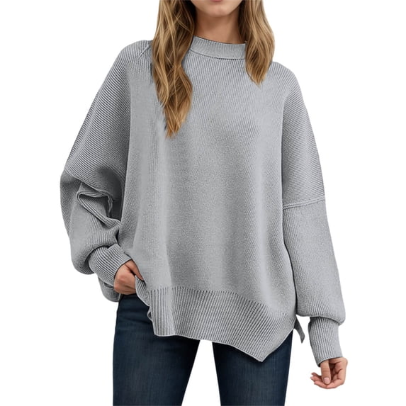 SGMVNU Women Sweaters Oversized Knit Sweater Casual Long Sleeve Pullover Tunic Top Soft Comfortable Winter Fall Fashion Loose Fit Crewneck Split Hem Knit Outwear Grey S