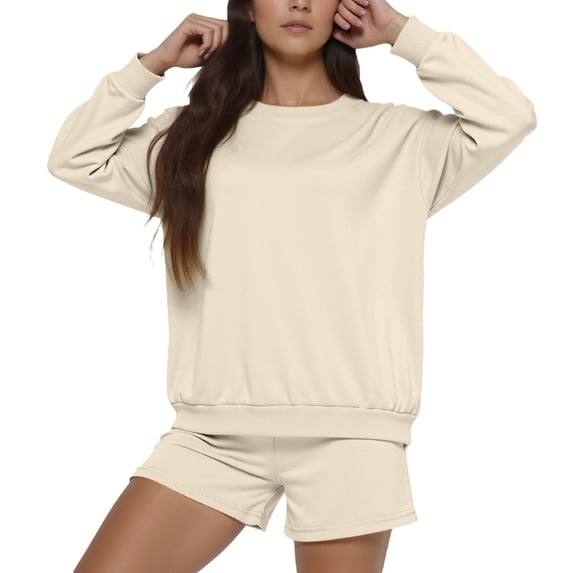 SGMVNU Women's 2 Piece Outfits Sets Solid Color Long Sleeve Fleece Sweatshirt and Loose Sweat Shorts Suits Summer Fall Sweatsuits(Beige, M)