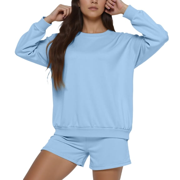 SGMVNU Women's 2 Piece Outfits Sets Solid Color Long Sleeve Fleece Sweatshirt and Loose Sweat Shorts Suits Summer Fall Sweatsuits(Blue, M)