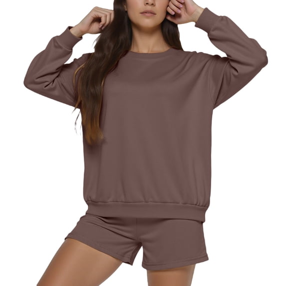 SGMVNU Women's 2 Piece Outfits Sets Solid Color Long Sleeve Fleece Sweatshirt and Loose Sweat Shorts Suits Summer Fall Sweatsuits(Coffee, M)