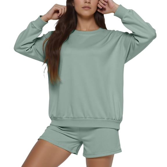 SGMVNU Women's 2 Piece Outfits Sets Solid Color Long Sleeve Sweatshirt and Loose Sweat Shorts Suits Summer Fall Sweatsuits(Green, XL)