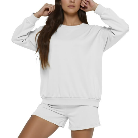 SGMVNU Women's 2 Piece Outfits Sets Solid Color Long Sleeve Fleece Sweatshirt and Loose Sweat Shorts Suits Summer Fall Sweatsuits(Grey, M)