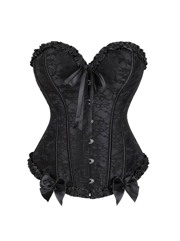 Women's Black Bustier Corset Top Bowknot Lace Up Retro Overbust Bustiers Going Out Tops for Gothic Dress, Size 2XL, Black