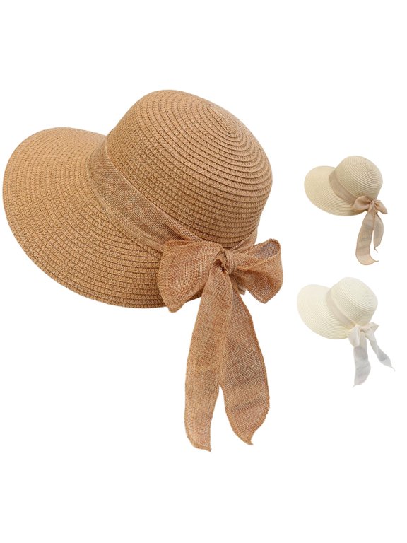 Women's Boho Straw Sun Hats, Wide Brim Back Bow Floppy Foldable Roll up Beach Hat, UPF Sun Hat for Vacation Travel, One Size, Khaki