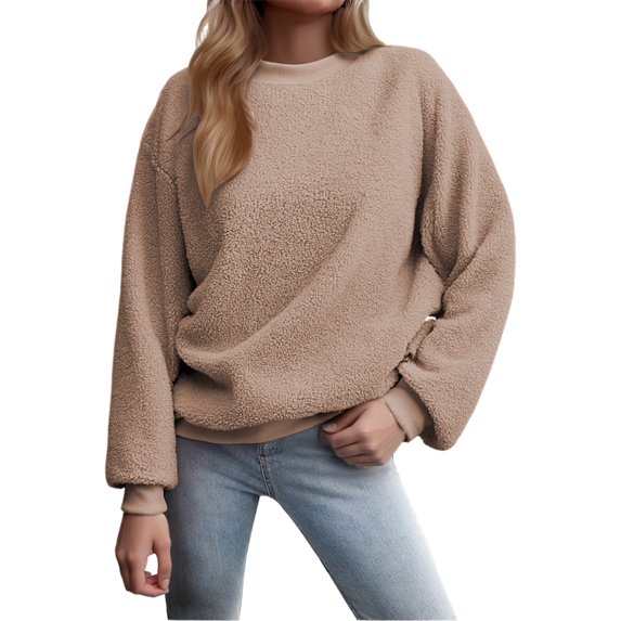 SGMVNU Women's Casual Sweatshirts Crewneck Long Sleeve Fuzzy Jackets Midweight Pullover 2025 Fashion Fall Clothes(Khaki, L)