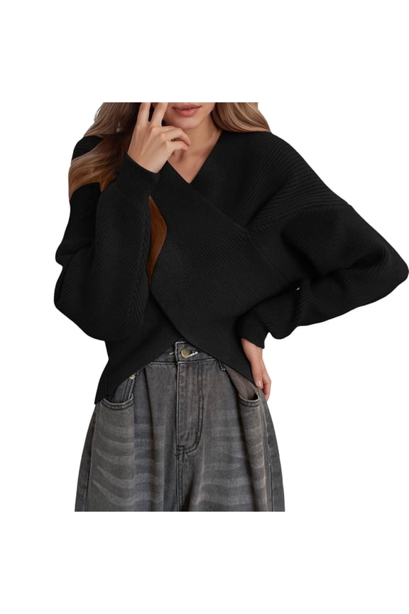 Women's Casual V Neck Long Sleeve Sweaters Cross Wrap Off Shoulder Asymmetric Hem Knitted Crop Sweater Fashion Knit Tops(Black, One Size)