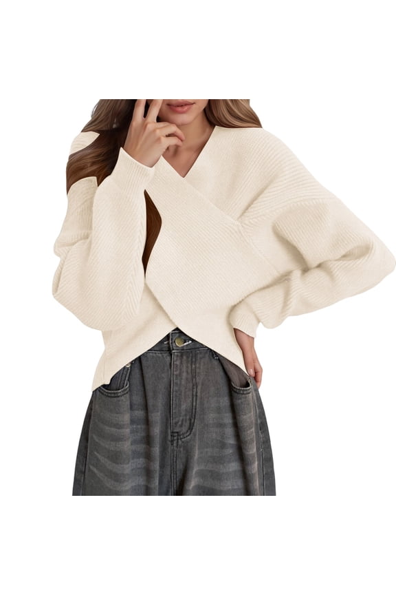 Women's Casual V Neck Long Sleeve Sweaters Cross Wrap Off Shoulder Asymmetric Hem Knitted Crop Sweater Fashion Knit Tops(White, One Size)
