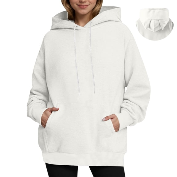 SGMVNU Women's Cat Ear Hoodie Pullover, Lined for Fall, Cozy with Pocket, Loose Fit Cute Long Sleeve Sweatshirt Hoodies(White, L)