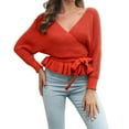 thumbnail image 1 of SGMVNU Women's Fall 2025 Wrap V Neck Long Batwing Sleeve Belted Waist Ruffle Knitted Sweater Pullover Top Fashion Fall Outfit Red, Size S, 1 of 9