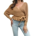 thumbnail image 1 of SGMVNU Women's Fall 2025 Wrap V Neck Long Batwing Sleeve Belted Waist Ruffle Knitted Sweater Pullover Top Fashion Fall Outfit Yellow, Size S, 1 of 9
