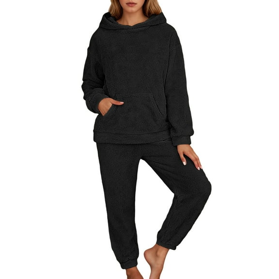 SGMVNU Women's Warm Pajama Set Petite Fuzzy Pocket Long Sleeve Pullover Tops and Plaid Pants Loungewear Sleepwear for Winter(yw251204_2-Black, M)