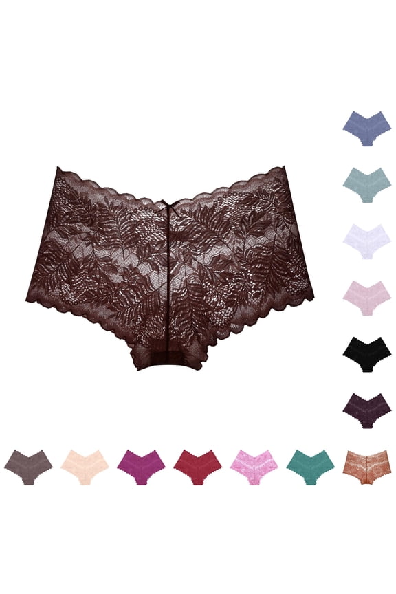 Women's Floral Lace Underwear Scalloped Mid Rise Soft Stretch Boxers Shorts Panties Bottoms, Coffee, Size L