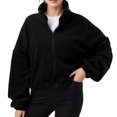 thumbnail image 1 of SGMVNU Women's Full Zip Fleece Short Jacket Warm Winter Long Sleeve Stand Collar Fuzzy Fleece Crop Coat with Drawstring Hem(Black, 2XL), 1 of 9