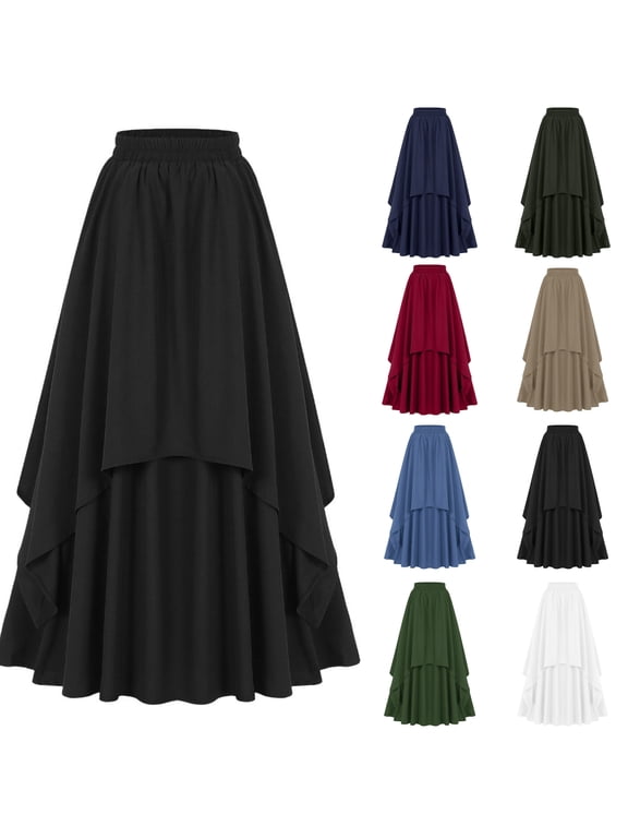 Women's Gothic Long Skirt Vintage High Waisted Double Layered A Line Flowy Maxi Skirts Party Halloween Costumes, Black, Size: L