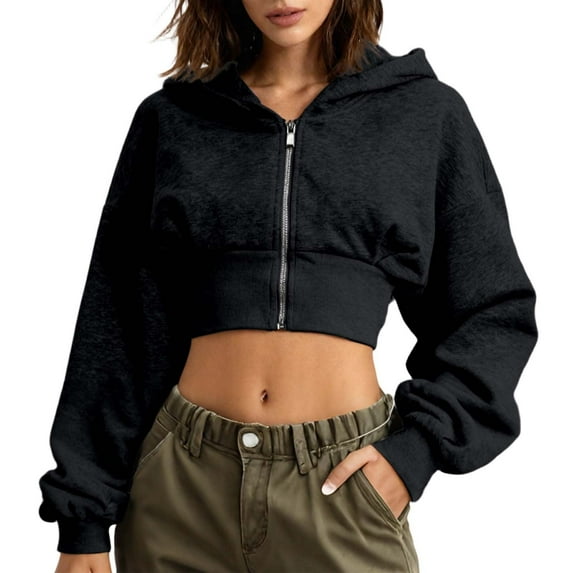 SGMVNU Women's Hoodies Casual Zip up Hoodies Cropped Cardigan Jacket Drawstring Hooded Sweatshirts Casual Long Sleeve Top Winter Clothes 2025(Black, Size L)