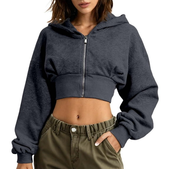 SGMVNU Women's Hoodies Casual Zip up Hoodies Cropped Cardigan Jacket Drawstring Hooded Sweatshirts Casual Long Sleeve Top Winter Clothes 2025(Dark Gray, Size S)